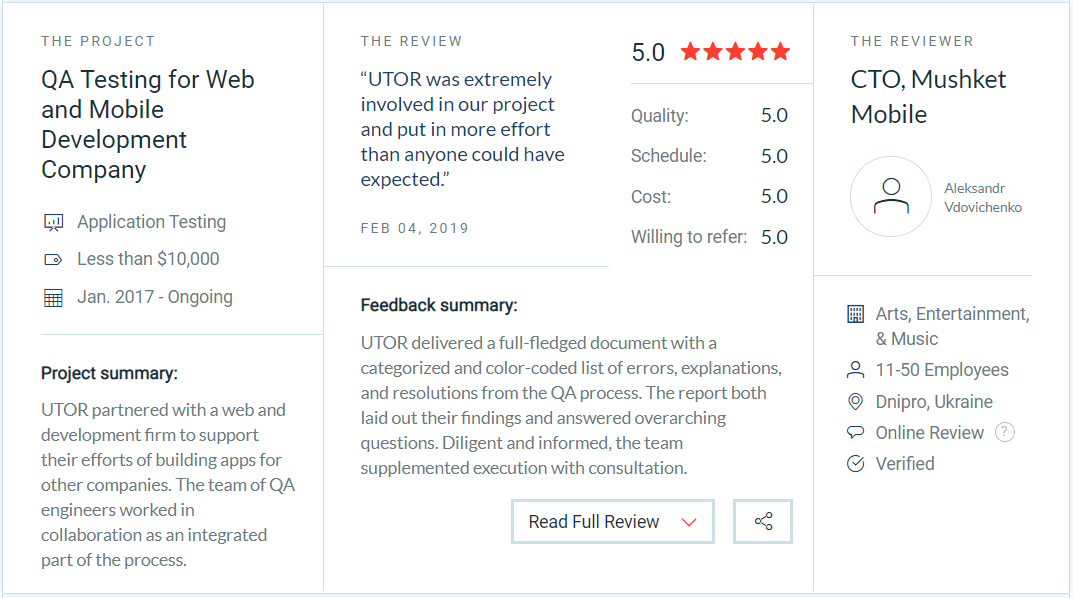 software testing company clutch review